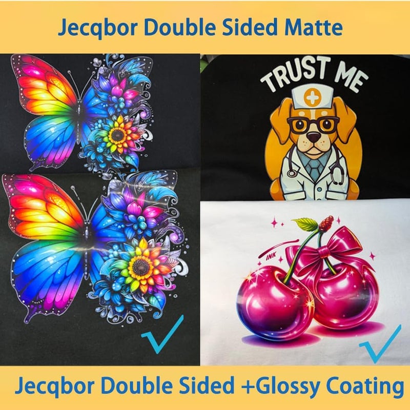 Jecqbor DTF Transfer Film Paper A4 100 Sheets, Glossy Double Sided Heat Transfer Paper, Thick Clear Pretreat PET Sheets for DTF Printer Direct Print On T-Shirts Textile (8.3" x 11.7") - Image 2